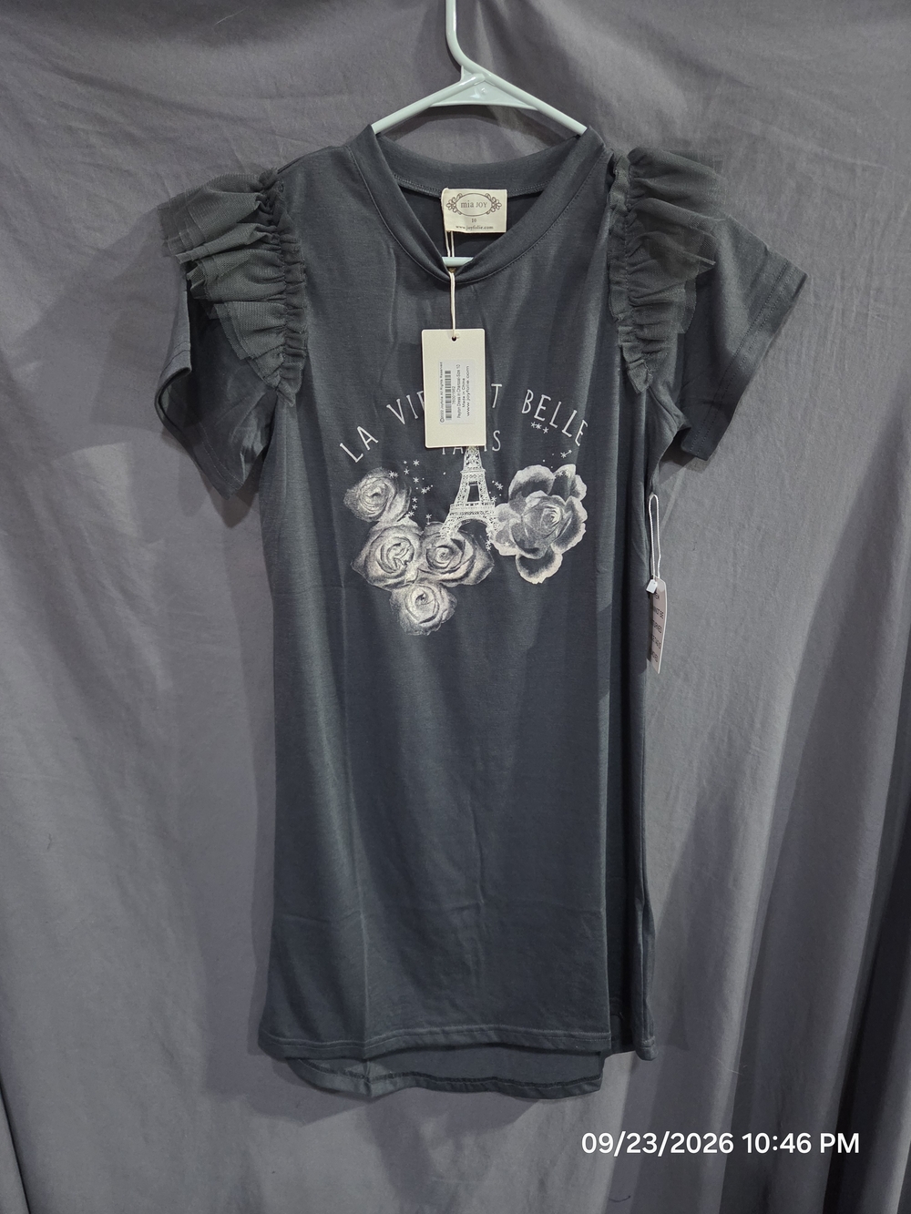 JoyFolie Slate Gray Ruffled Sleeve Graphic Tee - Eiffel Floral Mia Joy Size 10